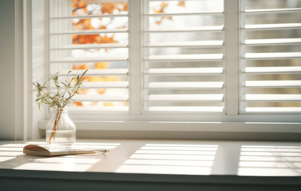 A windowsill with plantation shutters